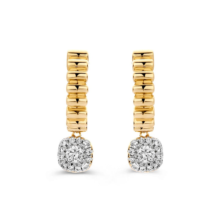 Speelse Gouden Oorstekers met Geribbelde Bewerking en Fonkelende Diamanten Aanhangers