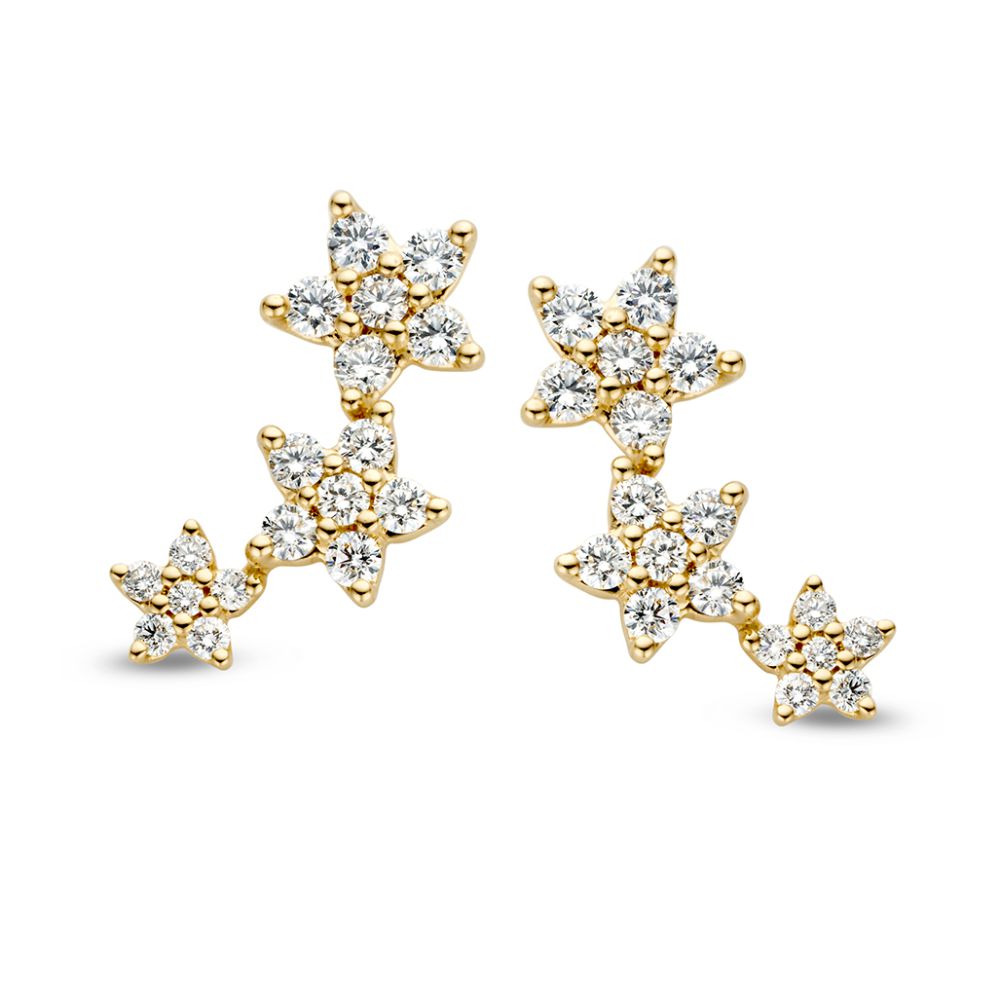 Gelbgoldene Ohrhänger mit drei Sternen und Diamanten, insgesamt 1,05 ct