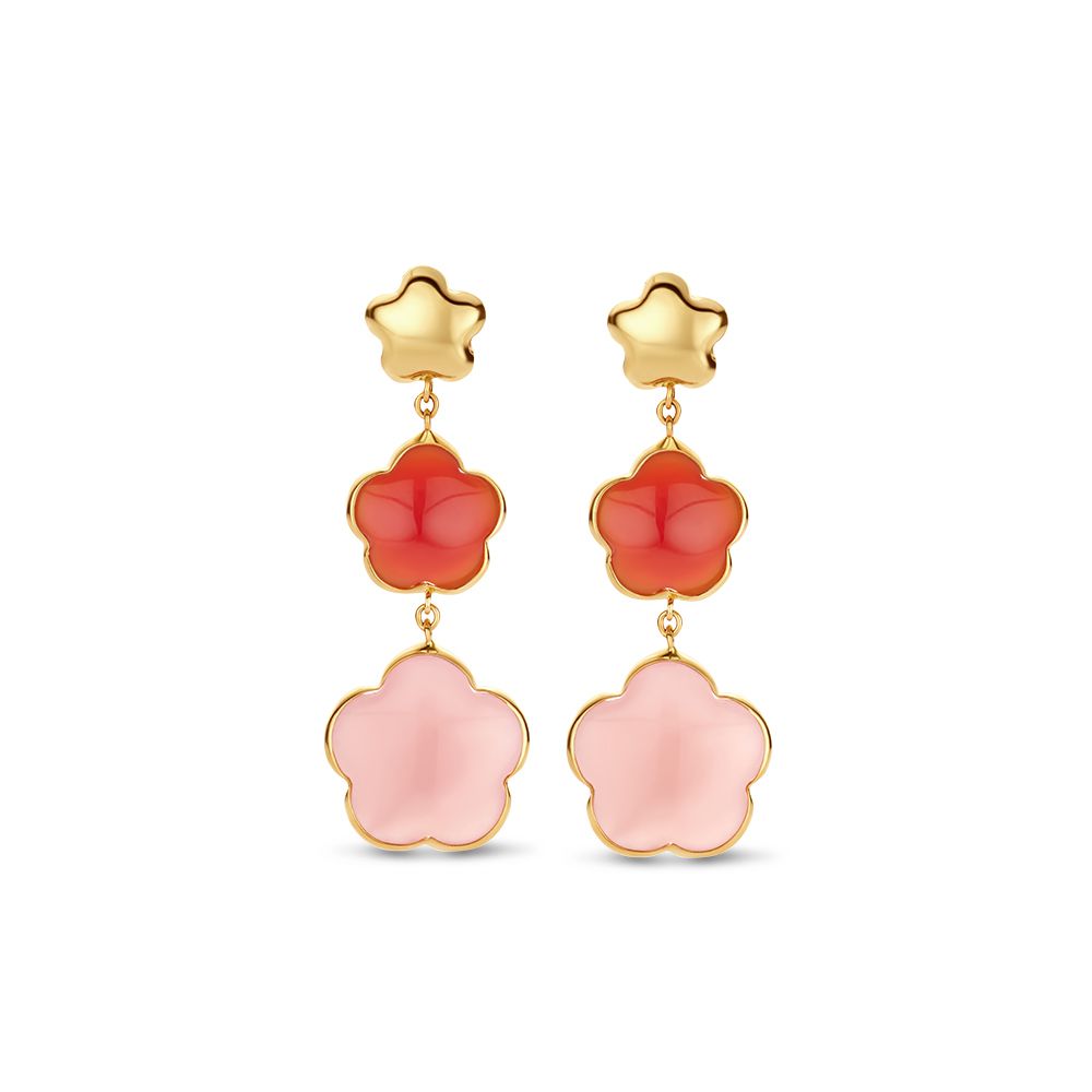 Gelbgoldene Ohrhänger in Blumenform mit rotem Carneol und rosa Chalcedon