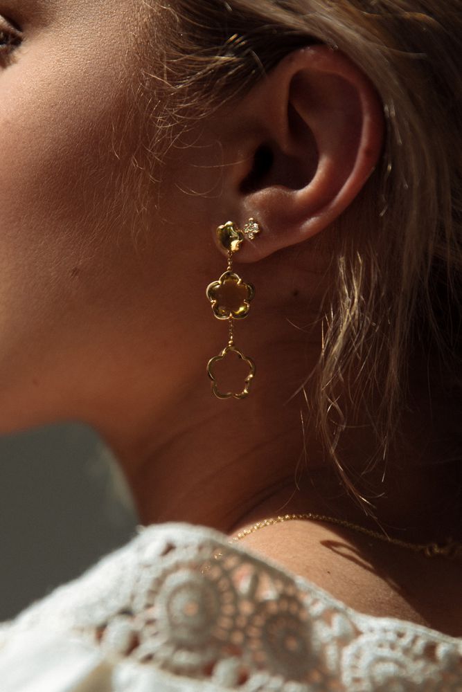 Gelbgold-Ohrstecker mit grünem Quarz-Blumenanhänger – elegante Ohrringe