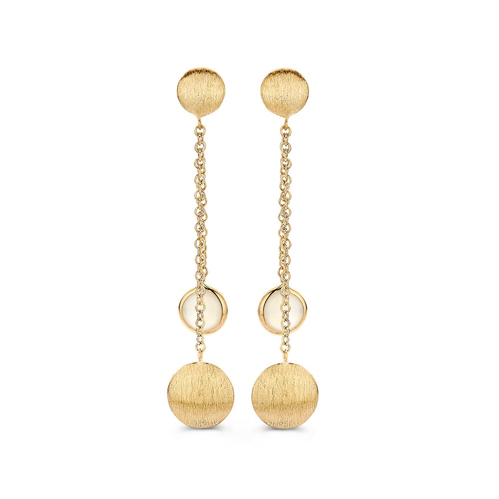 Geelgouden Oorstekers met Maansteen en Matgouden Hangers – Speelse, Elegante Oorbellen