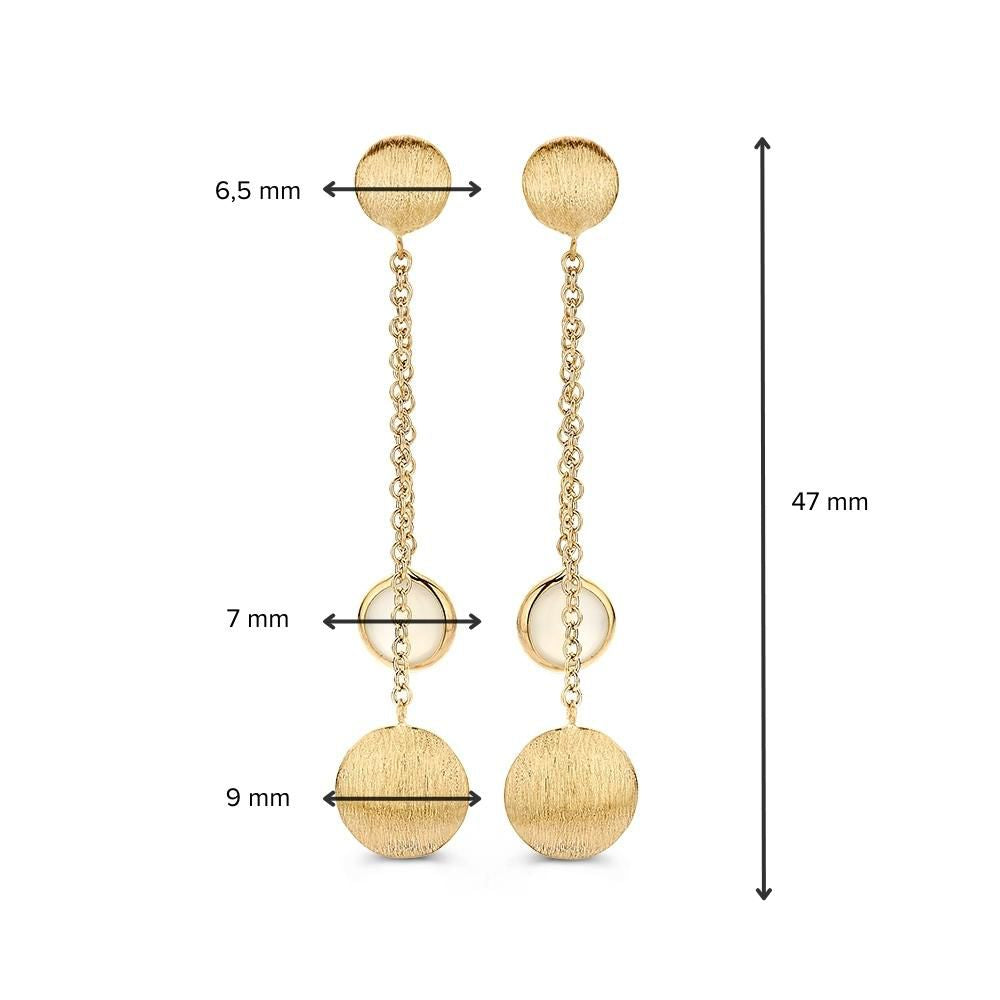 Gelbgold-Ohrstecker mit Mondstein und mattgoldenen Anhängern – Verspielte, elegante Ohrringe