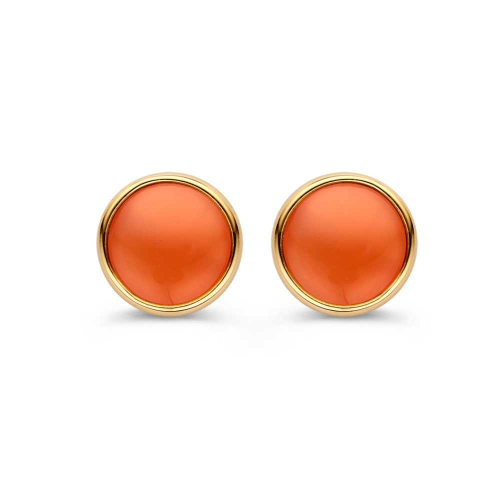 Gelbgoldene Ohrstecker mit rosa Mondstein, runde Form und glänzender Oberfläche