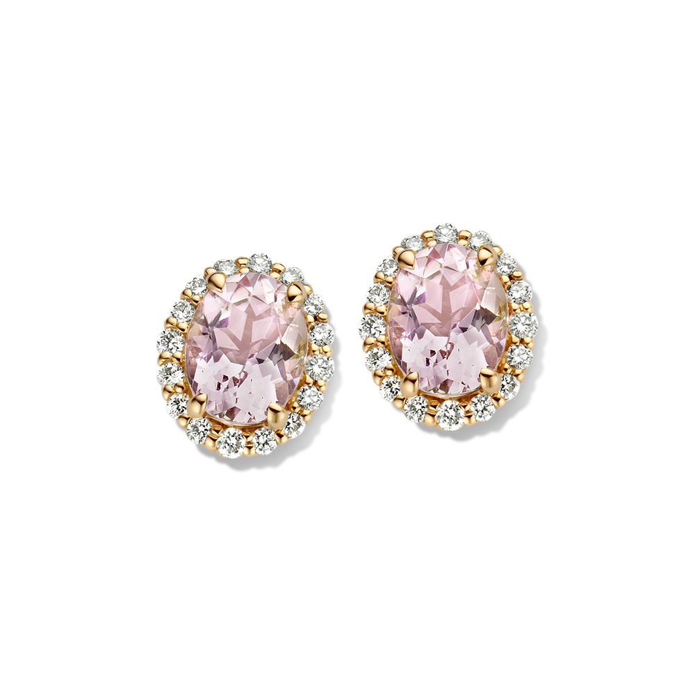 Ohrstecker aus 14 Karat Gelbgold mit ovalem Morganit und kleinen Diamanten umrandet