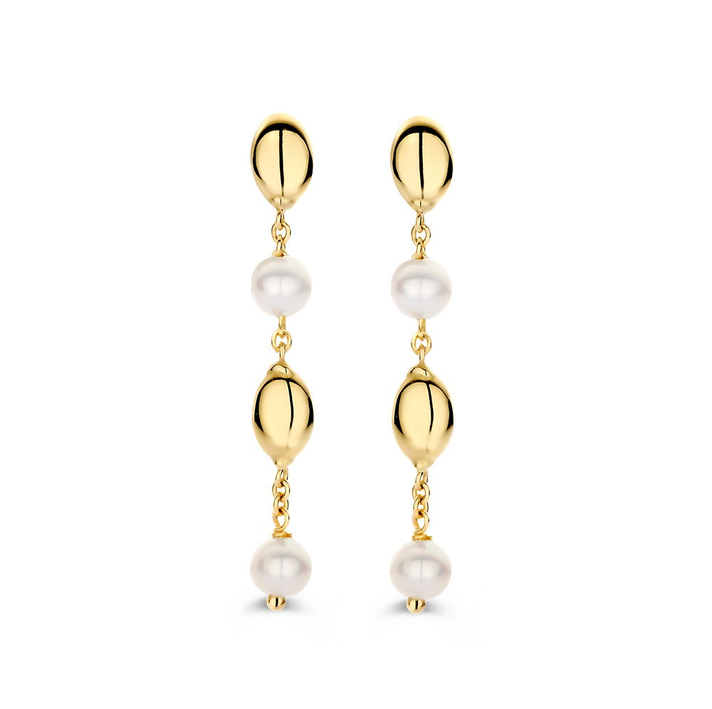 Gelbgoldene Ohrringe mit zwei Perlen und goldenen Elementen, 14 Karat, hängendes Design