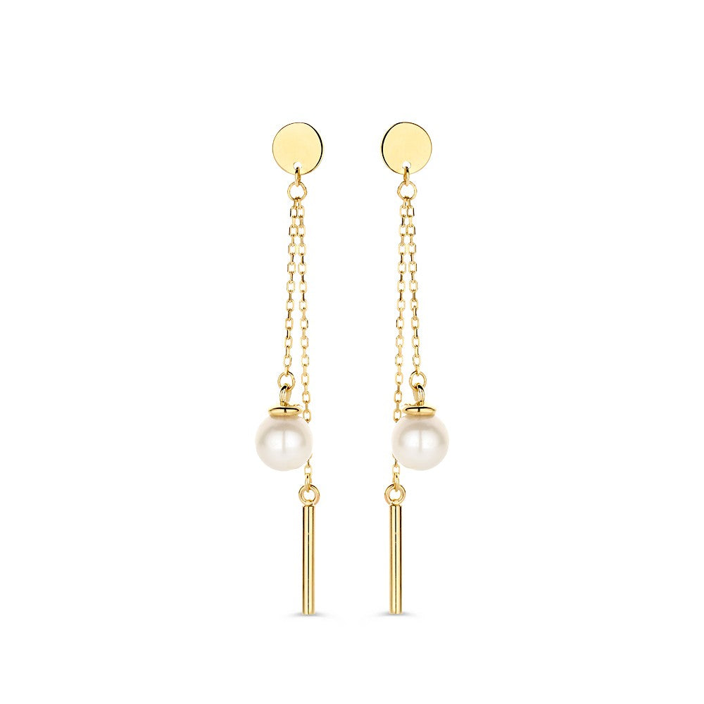 Spielerische Ohrringe aus 14 Karat Gold mit einer Perle und einem goldenen Stäbchen