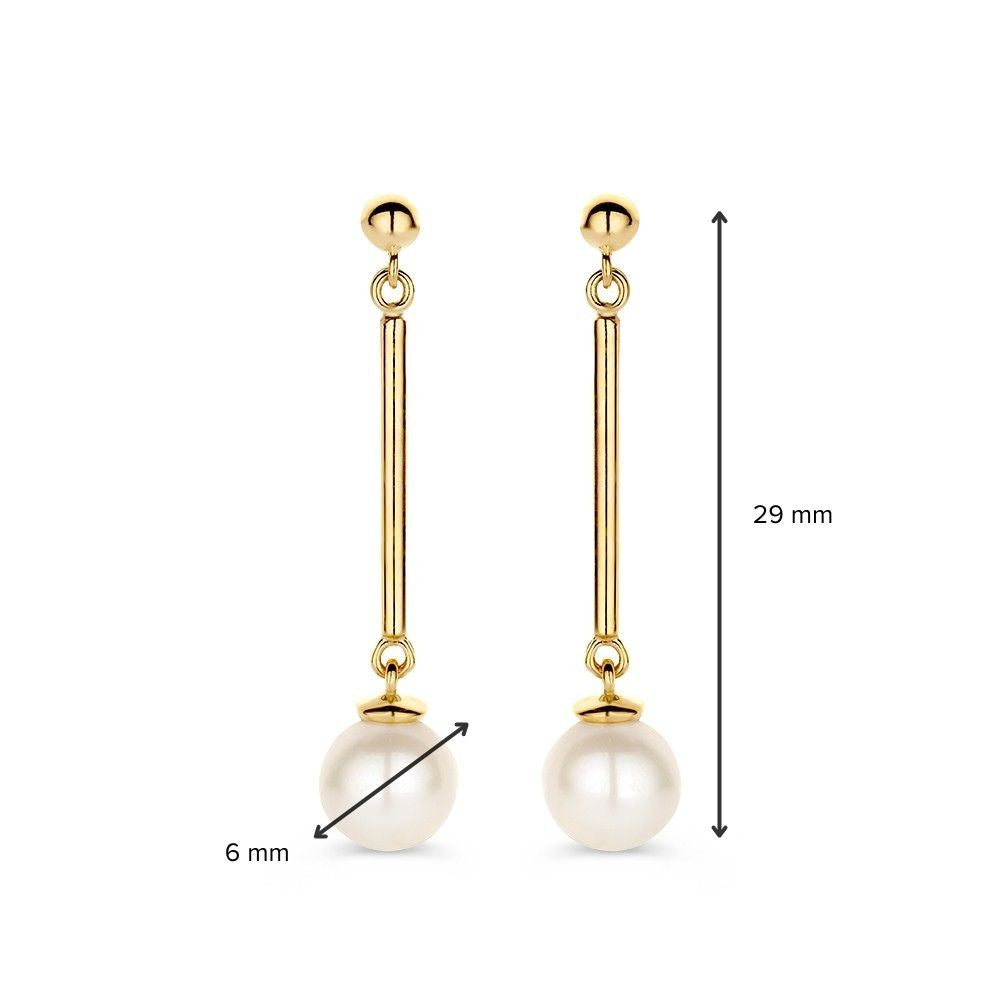 Gelbgold Ohrringe mit langen Stäbchen und Perle 14 Karat