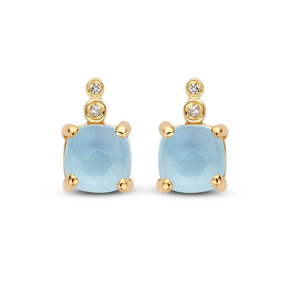 Stilvolle Ohrstecker aus 14 Karat Gelbgold mit cabochon geschliffenem blauen Topas und Diamanten