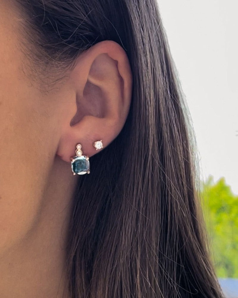 Stilvolle Gelbgold Ohrringe mit Cabochon geschliffenem Blautopas und Diamanten 14 Karat