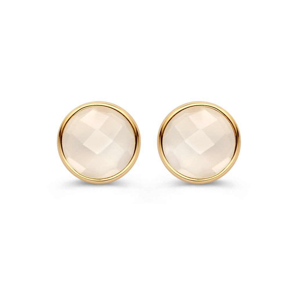 Elegante Ohrstecker aus 14 Karat Gelbgold mit weißen Mondsteinen und facettiertem Design