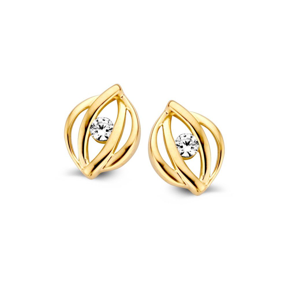 Gelbgoldene Ohrstecker mit Zirkonia, elegantes Design mit geschwungenen Formen und einem zentralen Stein