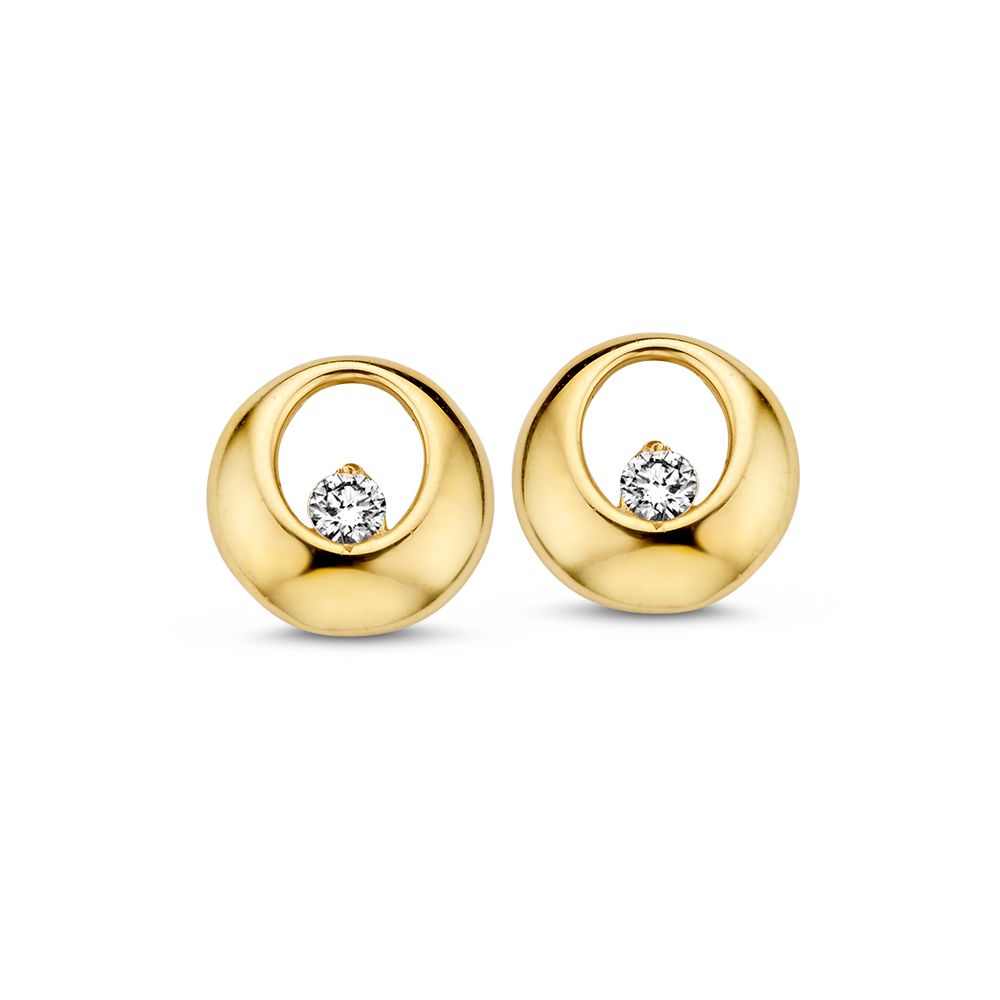 Gelbgoldene Ohrstecker mit Zirkonia, rundes Design und glänzender Oberfläche