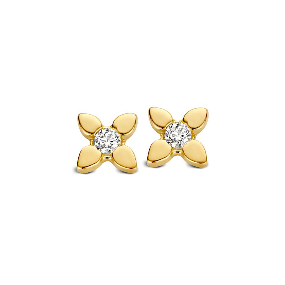 Gelbgoldene Ohrstecker mit Zirkonia, blütenförmiges Design und glänzender Oberfläche
