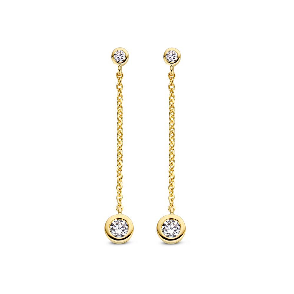 Gelbgoldene Ohrstecker mit Zirkonia, hängendes Design, mit glänzenden Steinen und feinen Ketten.