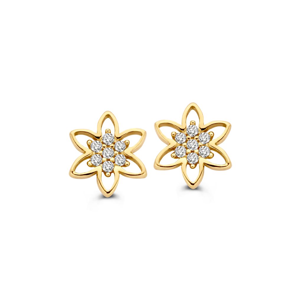Gelbgoldene Ohrstecker in Blumenform mit Zirkonia-Steinen