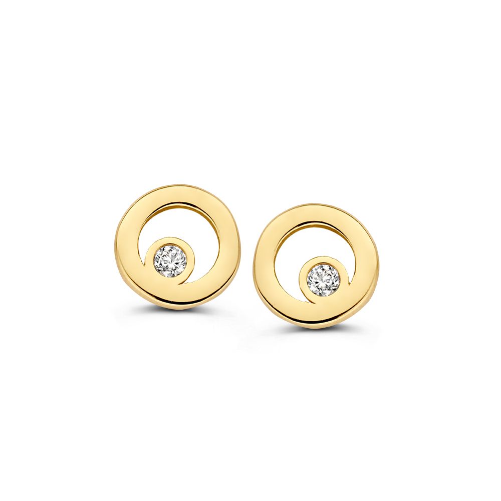 Gelbgoldene Ohrstecker mit Zirkonia, kreisförmiges Design, glänzende Oberfläche