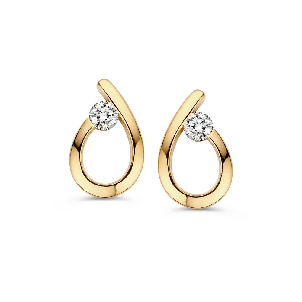 Gelbgoldene Ohrstecker mit Zirkonia, geschwungene Form und glänzender Oberfläche
