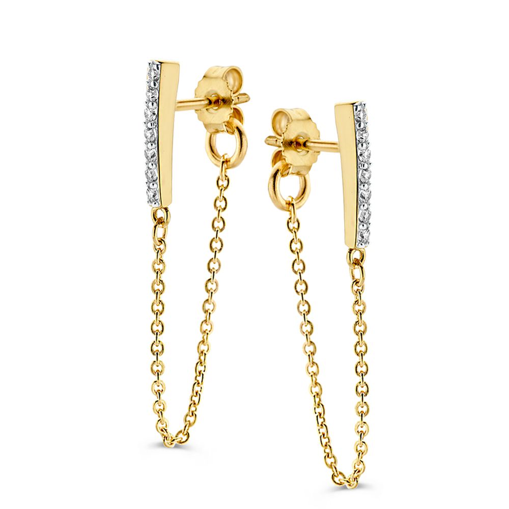 Gelbgoldene Ohrstecker mit Zirkonia und Kettchen, 14 Karat, rechteckige Form mit funkelnden Steinen