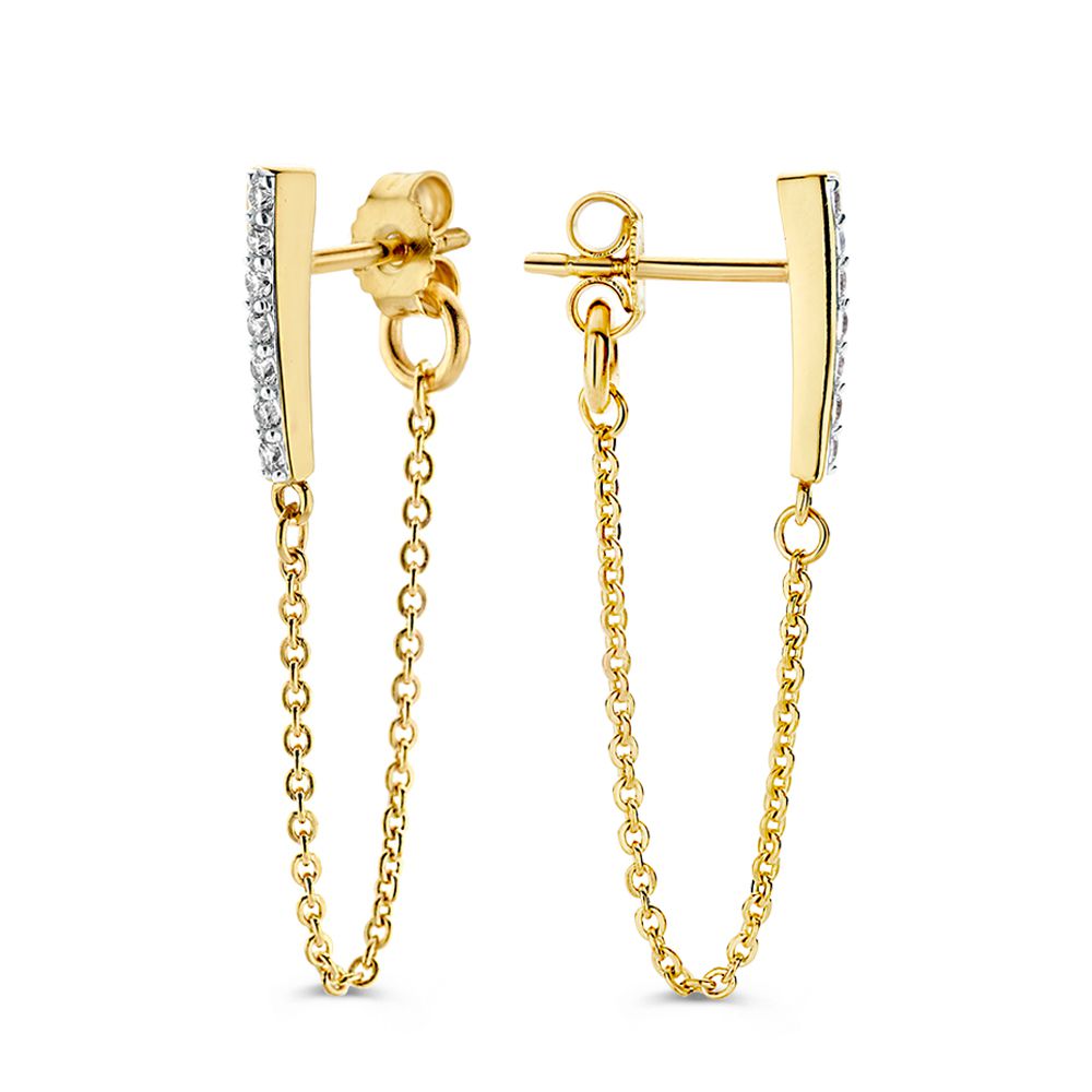Gelbgoldene Ohrstecker mit Zirkonia und Kettchen – 14 Karat, Verspielt und Elegant