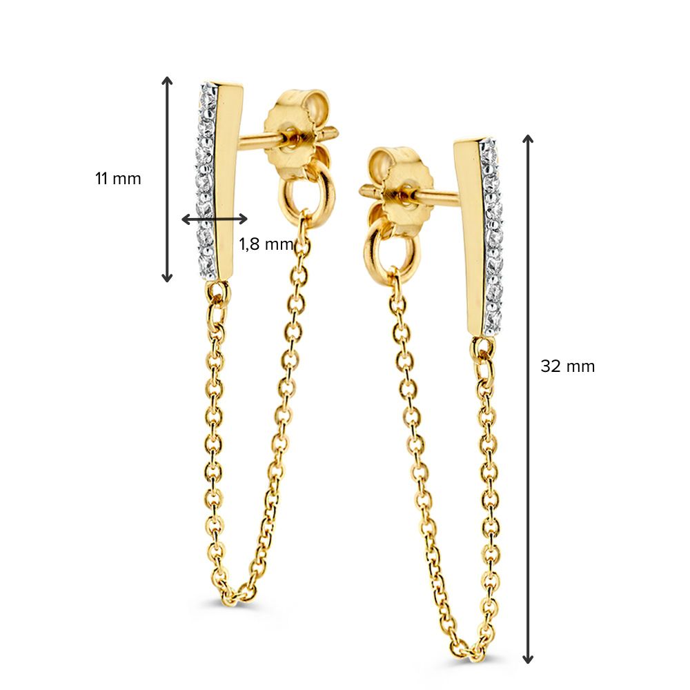 Gelbgoldene Ohrstecker mit Zirkonia und Kettchen – 14 Karat, Verspielt und Elegant
