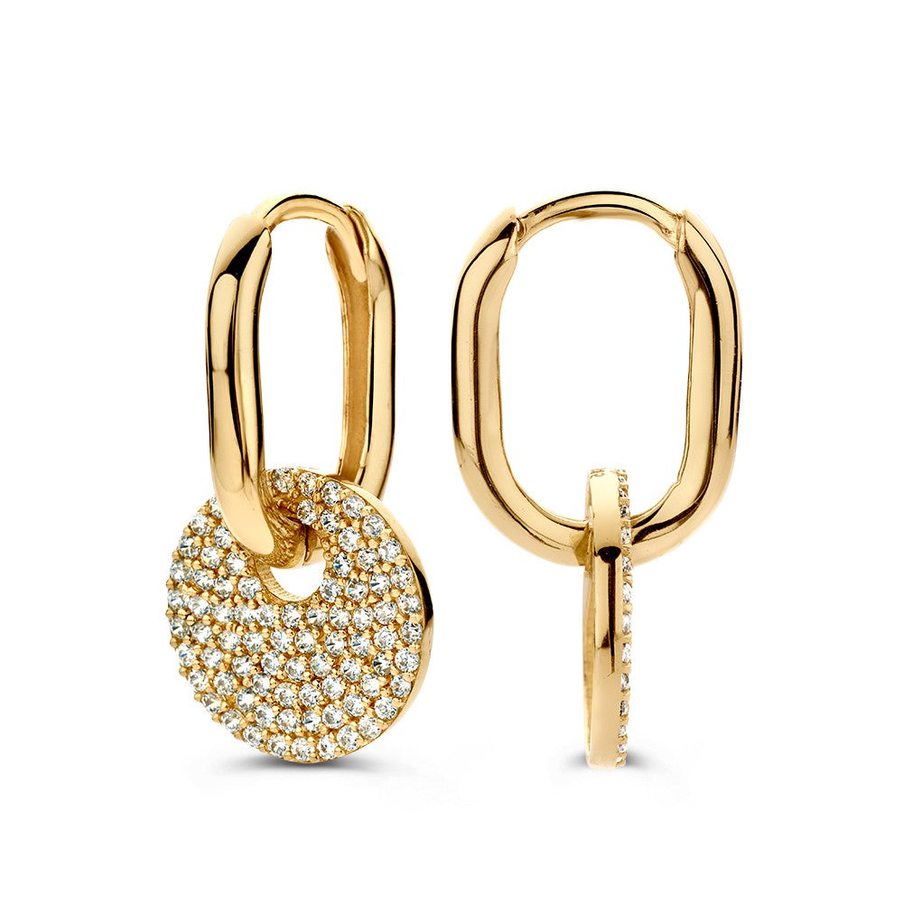 Ovale Gelbgold-Ohrringe mit Zirkonia-Anhängern – 14 Karat, Verstellbarer Luxus