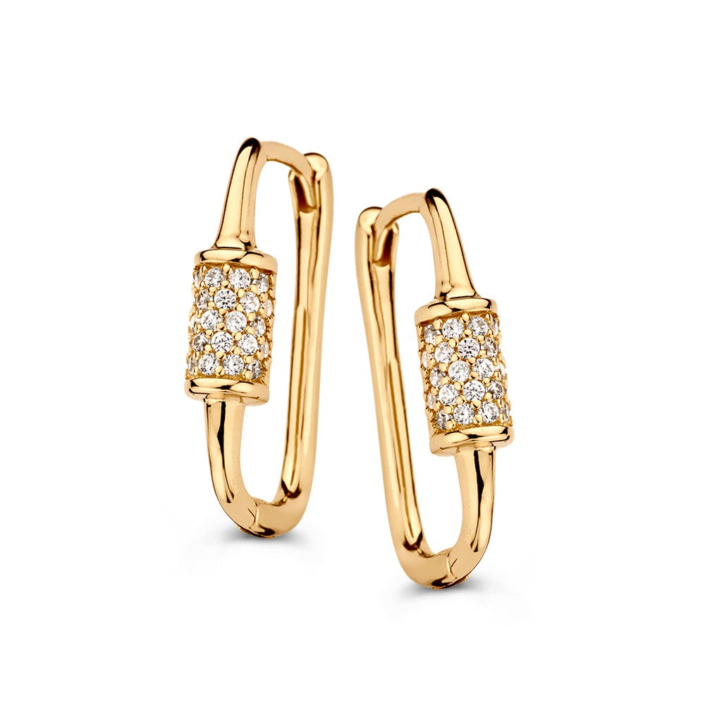 Ovale, gelbgoldene 'Paperclip'-Ohringe mit Zirkonia, 14 Karat, raffinierte Luxusdetails