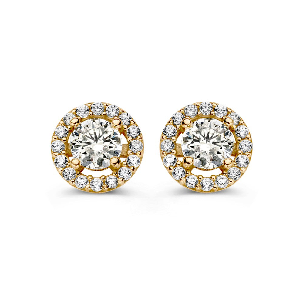 Gelbgoldene Ohrstecker mit Zirkonia in Halo-Setting, rund mit funkelndem Design