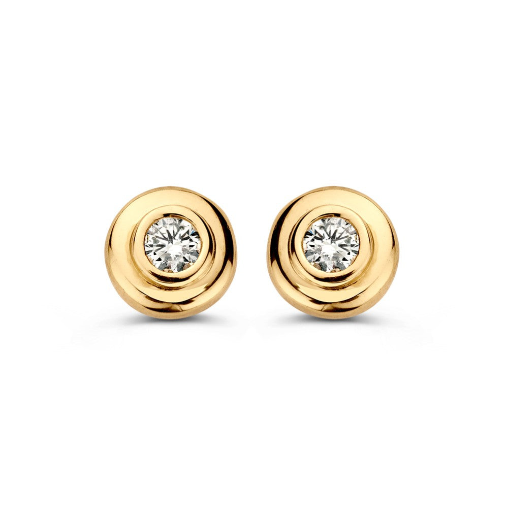 Gelbgoldene Ohrstecker mit Zirkonia, 14 Karat, runde Form mit funkelndem Stein in der Mitte