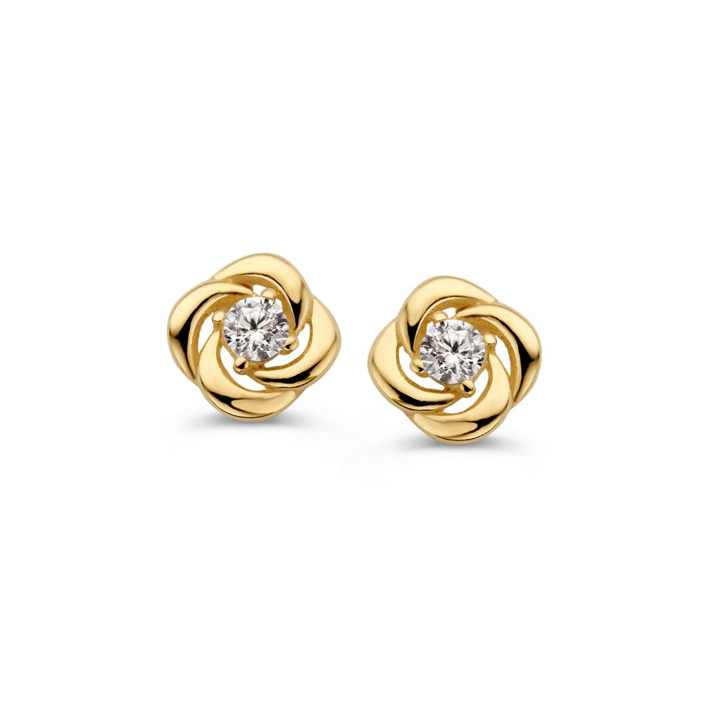Gelbgoldene Ohrstecker in Blumenform mit Zirkonia, 14 Karat, glänzende Oberfläche