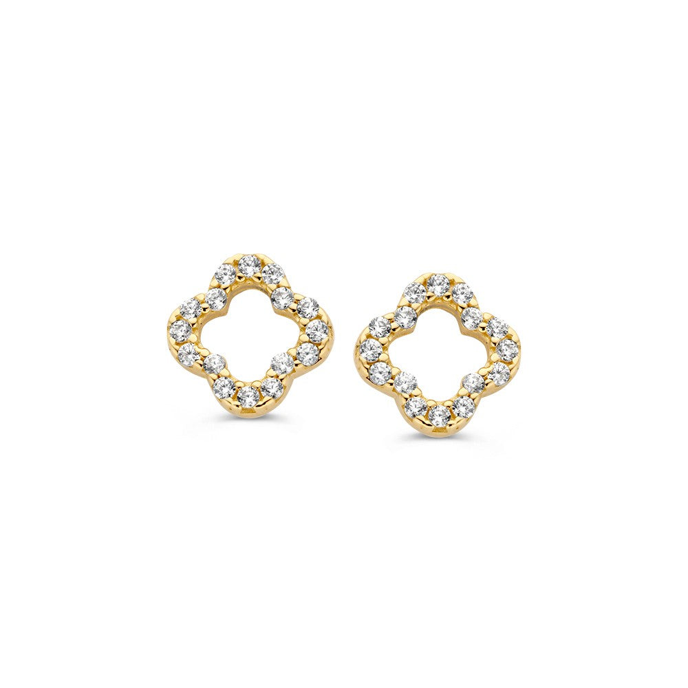 Gelbgoldene Ohrstecker in offener Blumenform mit Zirkonia-Steinen