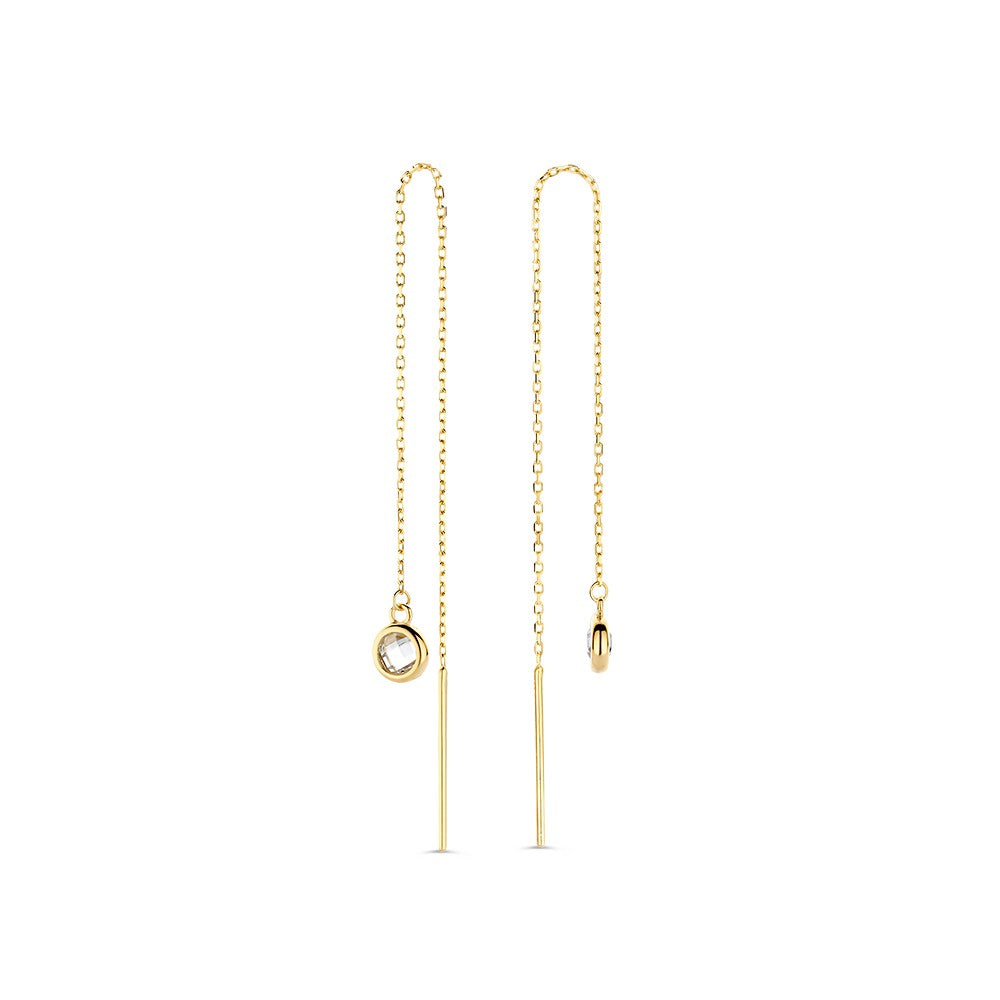 Lange Doortrekohringe aus Gelbgold mit Zirkonia, filigrane Kette und eleganter Anhänger