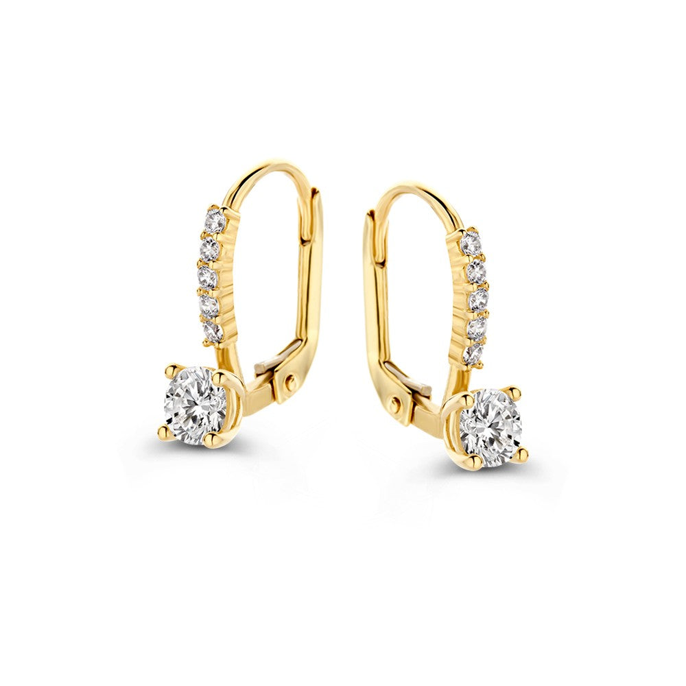 Gelbgoldene Ohrstecker mit Zirkonia, 14 Karat, mit funkelndem Hauptstein und kleinen Zirkonia.