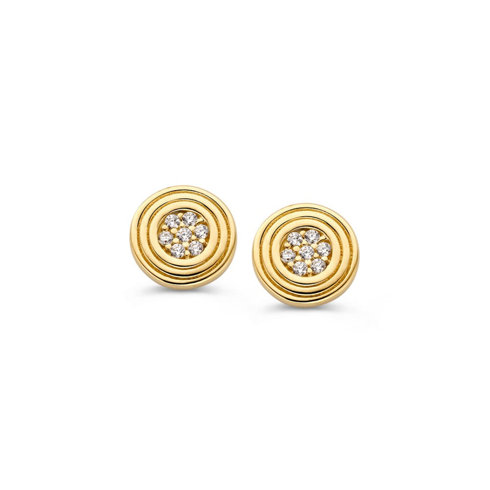 Runde Ohrstecker aus 14-karätigem Gelbgold mit Zirkonia, flaches Design und kreisförmige Details