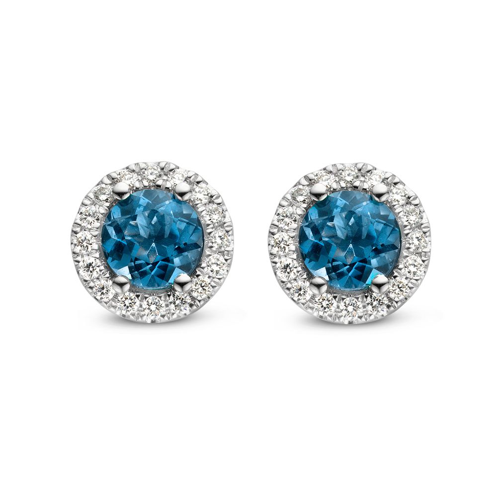 Ohrringe aus Weißgold mit blauem Topas und Diamanten, rund mit funkelndem Zirkonrand