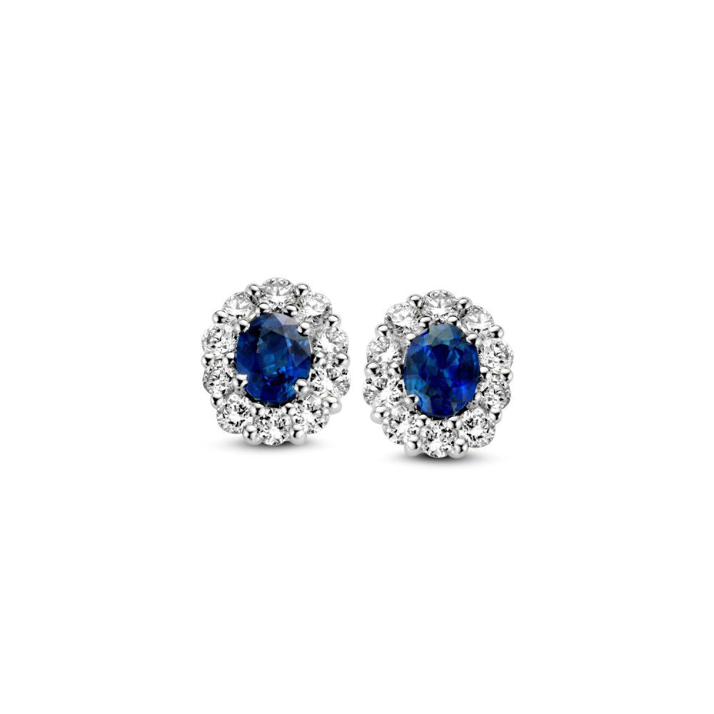 Ohrstecker aus 14K Weißgold mit blauen Saphiren und umgeben von weißen Diamanten