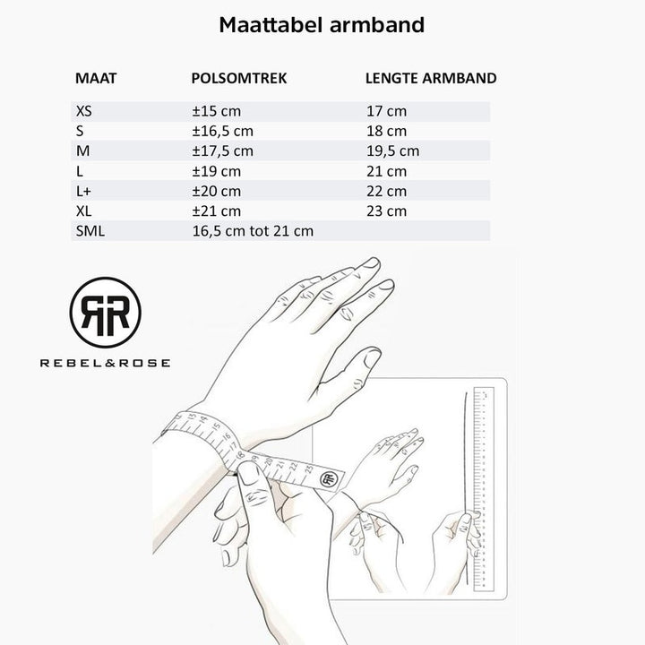 Nederlandse maattabel voor Rebel & Rose Spring Shine 6mm dames armband in 18 kt geelgoud geïoniseerd. Inclusief Indiase agaat, polsomtrek, armbandlengte (XS-XL) en maattabel met illustraties.