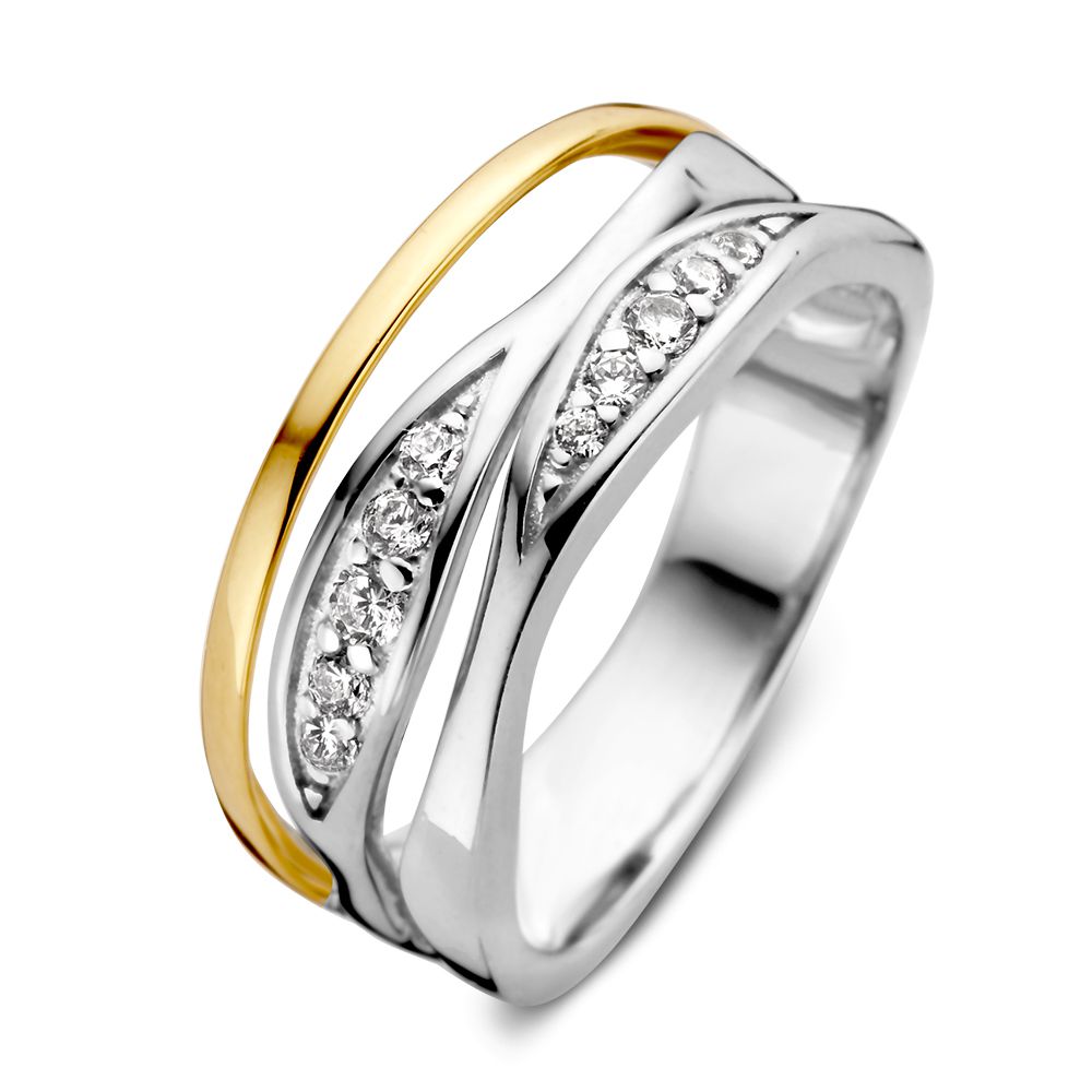 Damenring aus rhodiniertem Silber mit 14-karätigem Gelbgold und Zirkonia, geschwungenes Design