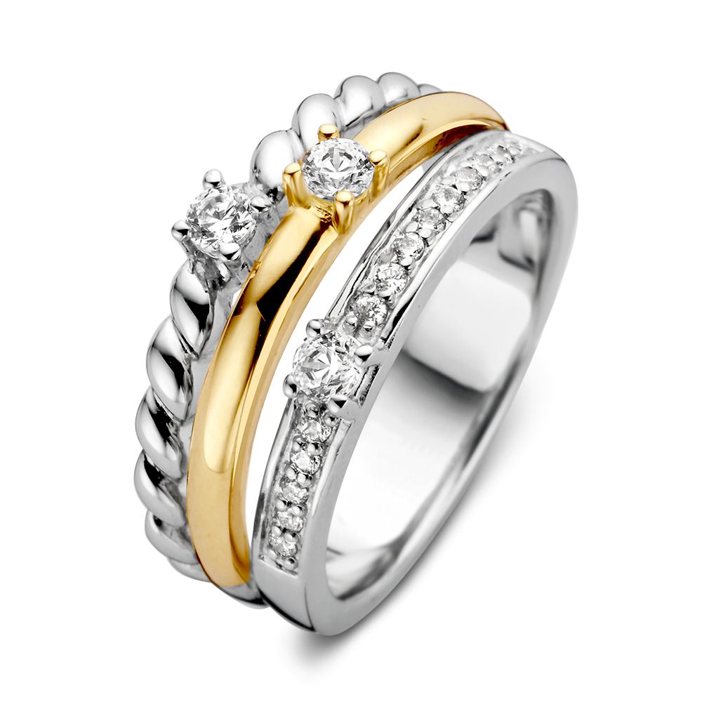 Ring aus Silber und 14 Karat Gelbgold mit Zirkonia, geflochtenes Design und glitzernden Steinen