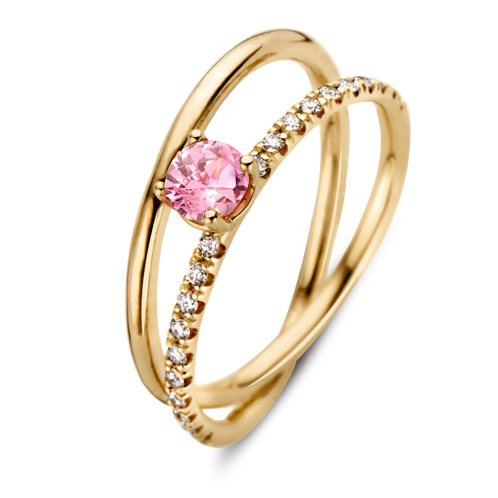 Ring aus 18kt Gelbgold mit rosa Saphir und Diamanten, schlichte Form mit funkelnden Steinen