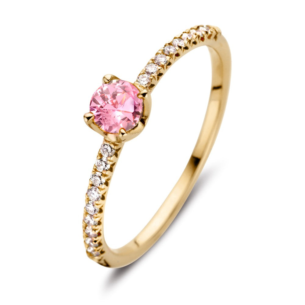 Ring aus 18kt Gelbgold mit rosa Saphir und 0,15ct Diamanten, filigranes Design mit funkelnden Steinen