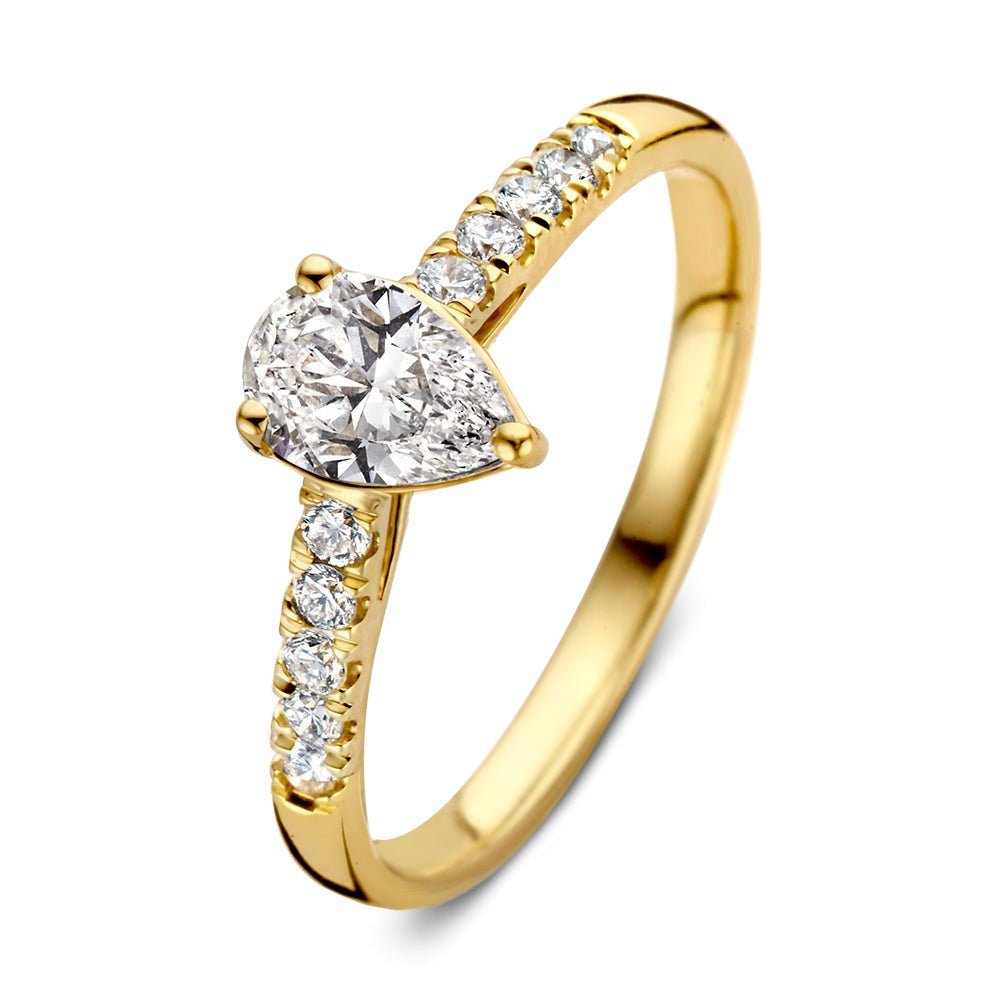 Ring aus Gelbgold mit tropfenförmigem Diamanten und kleinen, runden Steinen entlang des Rings