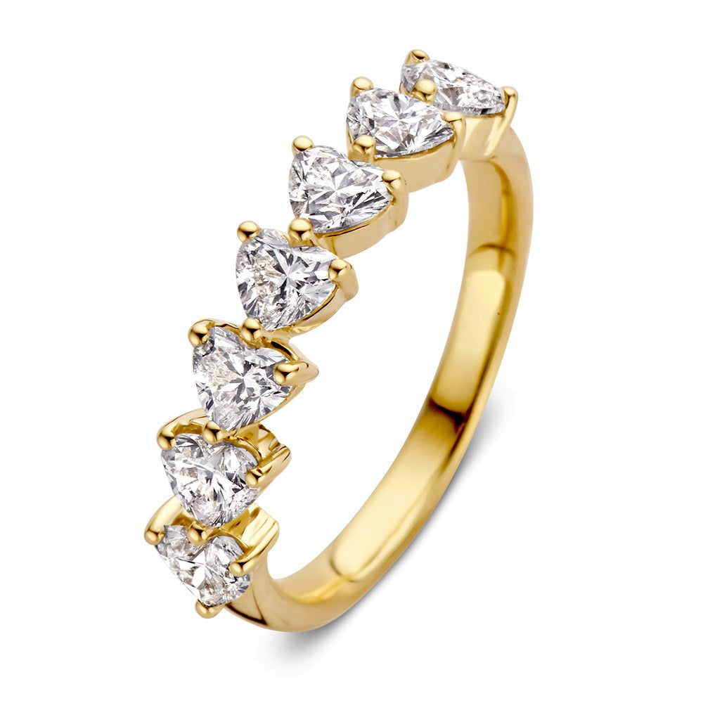 Ring aus Gelbgold mit sieben herzförmigen, funkelnden Diamanten