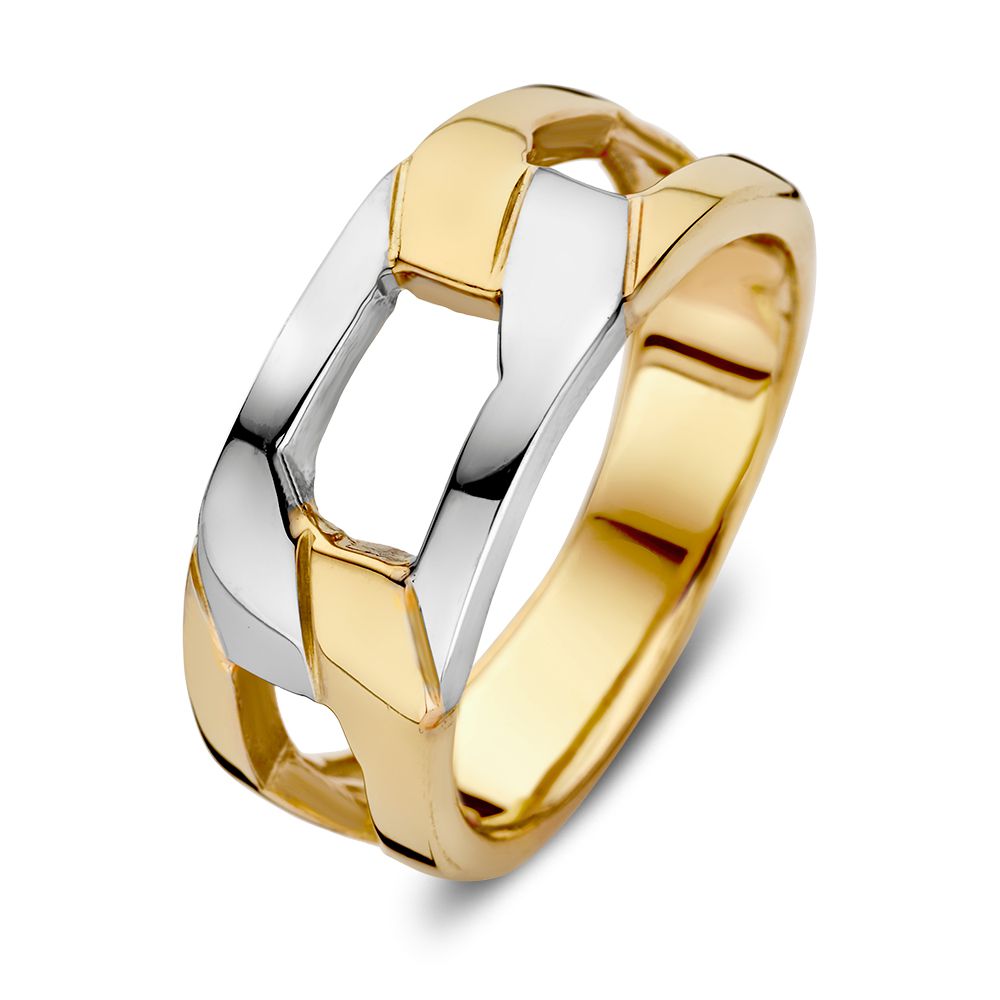 Bicolor Damenring aus 14 Karat Gelb- und Weißgold mit modernem, verbundenem Design