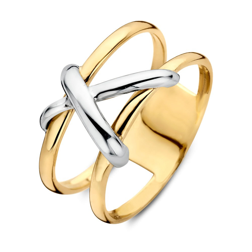 Bicolor Damenring aus 14 Karat Gelb- und Weißgold mit geschwungenem Design und polierter Oberfläche