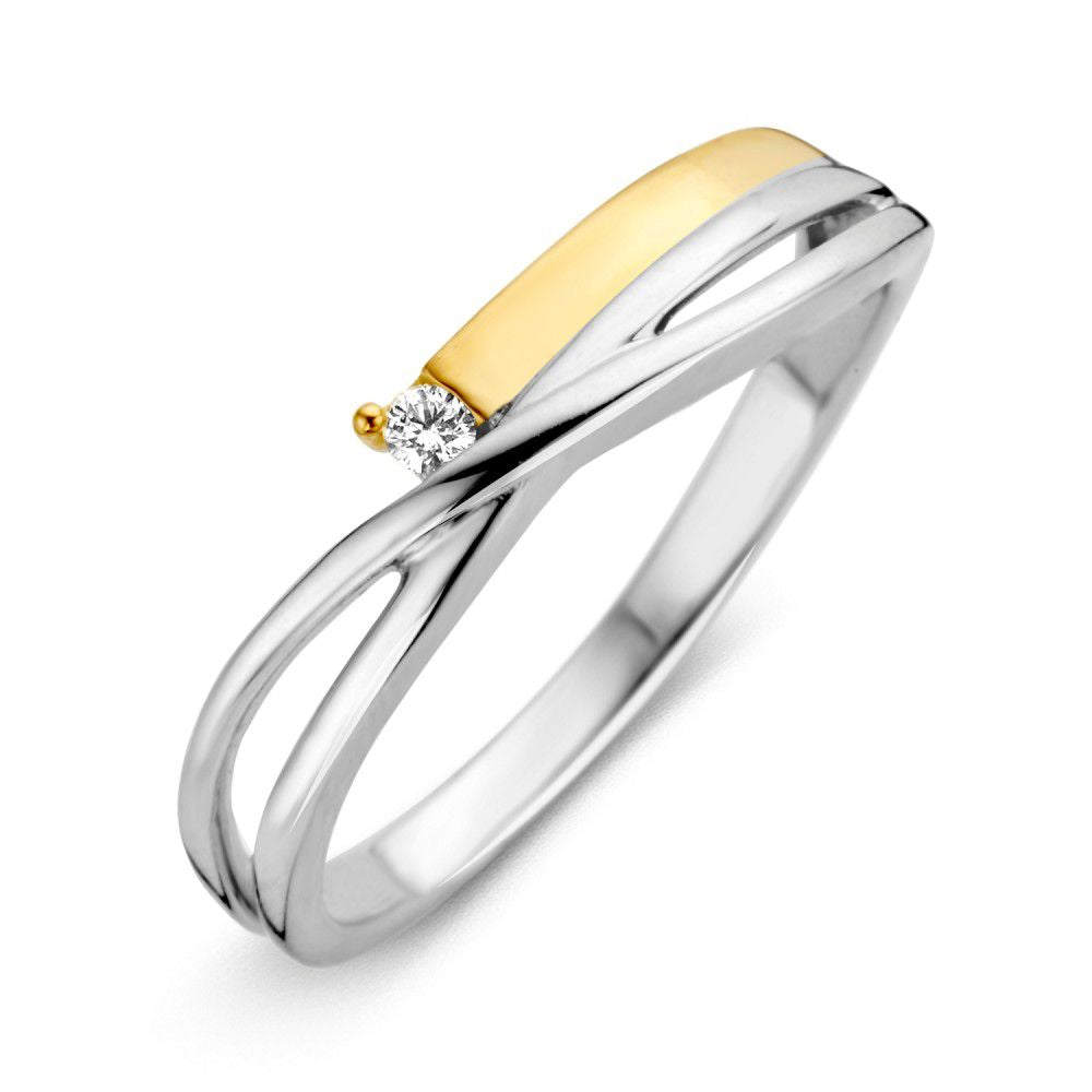 Bicolor Damenring aus 14-karätigem Gold mit brillantgeschliffenem Diamanten und geschwungenem Design