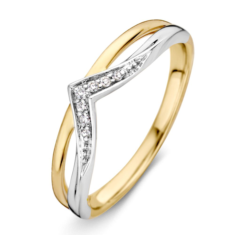 Bicolor Damenring aus 14-Karat Gold mit brillantgeschliffenem Diamanten in V-Form