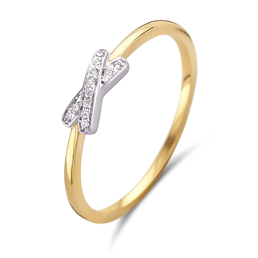 Bicolor Goldring mit Diamanten im X-Design und schmalem, glänzendem Gelbgoldband