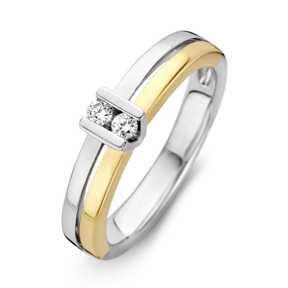 Bicolor Ring aus 14-Karat Gold mit zwei Brillanten und glatter, polierter Oberfläche
