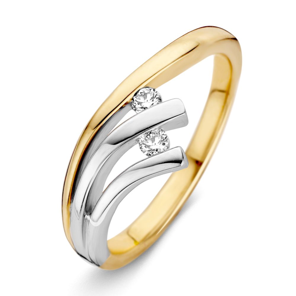 Bicolor Damenring aus 14-Karat Gold mit zwei brillantgeschliffenen Diamanten