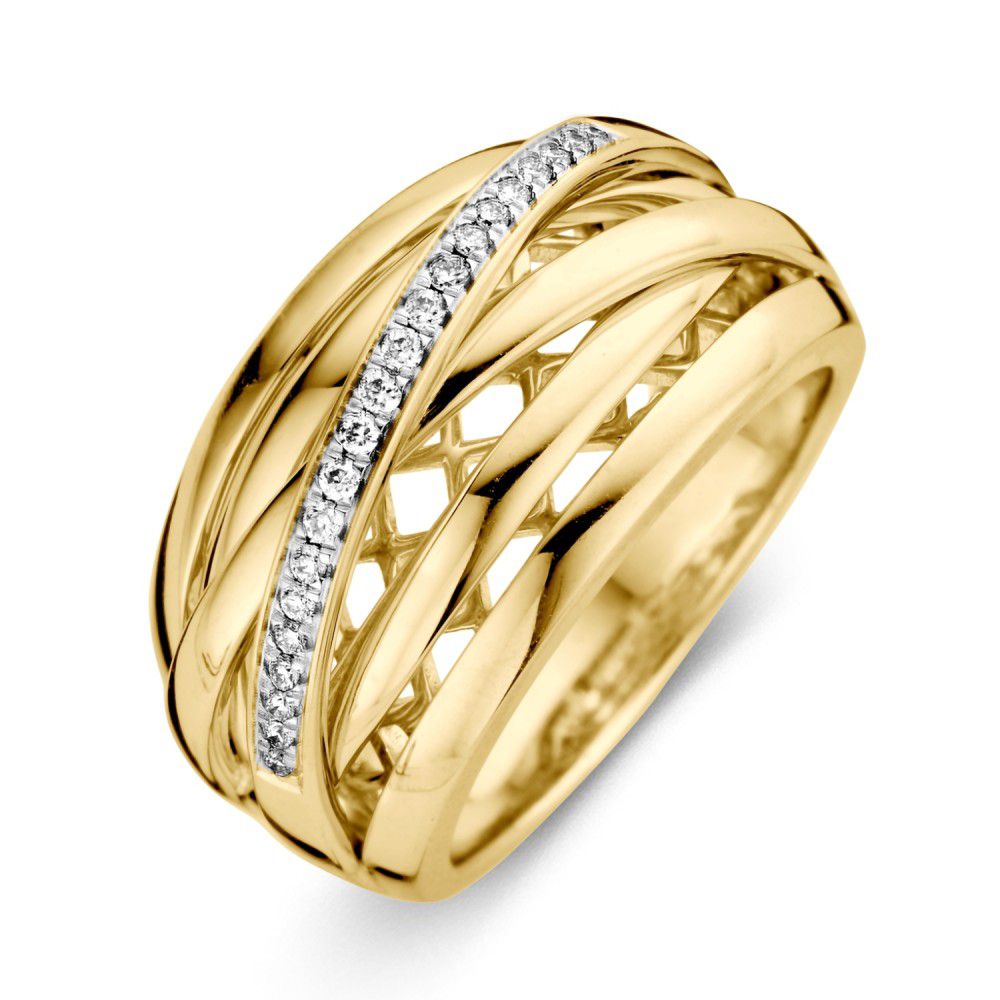 Bicolor Damenring aus Gold mit feinen Bändern und einer Reihe von Brillanten